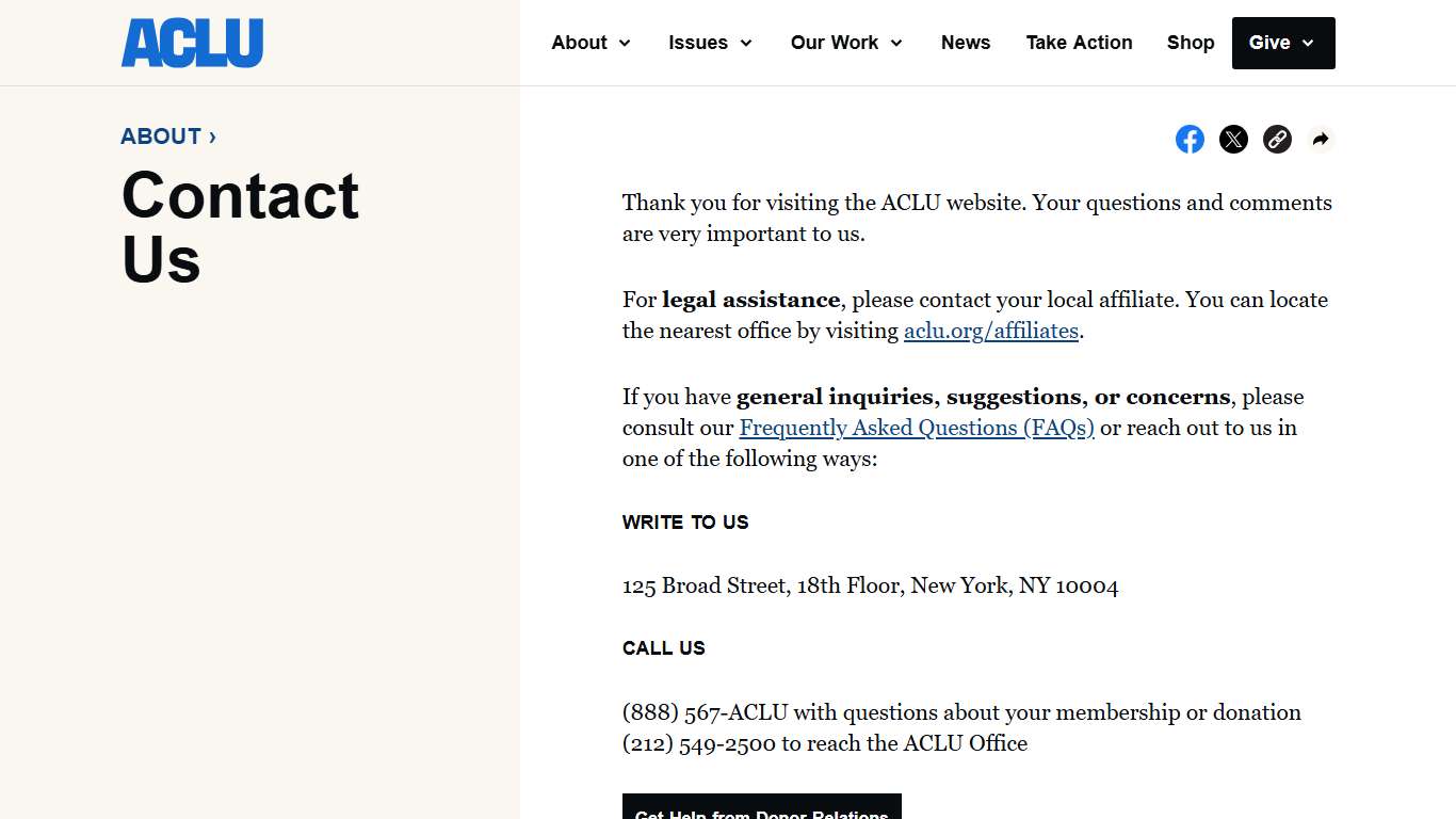 Contact Us American Civil Liberties Union