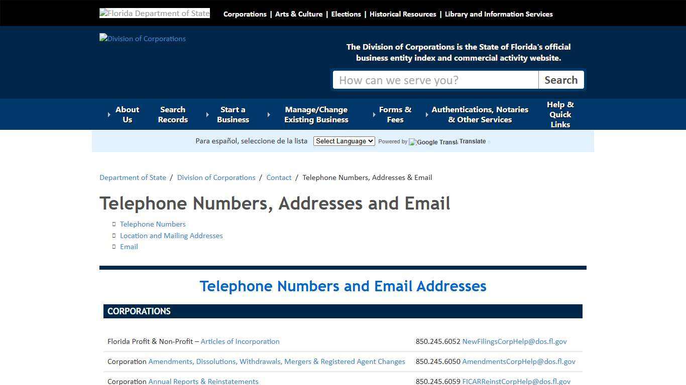 Telephone Numbers, Addresses and Email - Division of Corporations - Florida Department of State